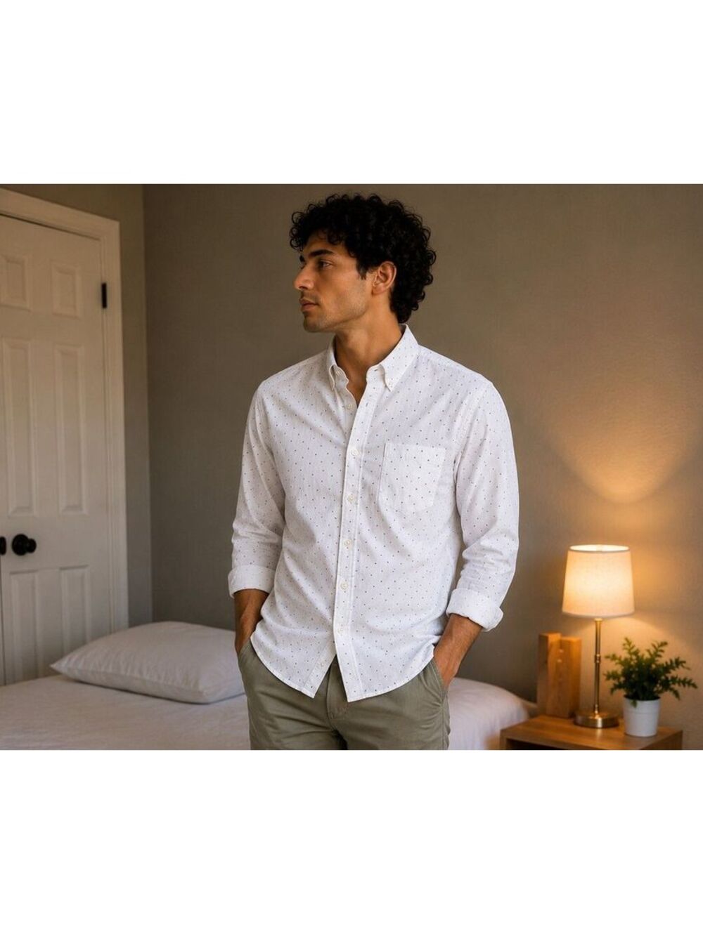 Goodfellow & Co Men's Large White Slim Fit Button-Up Shirt with Black Dandelion